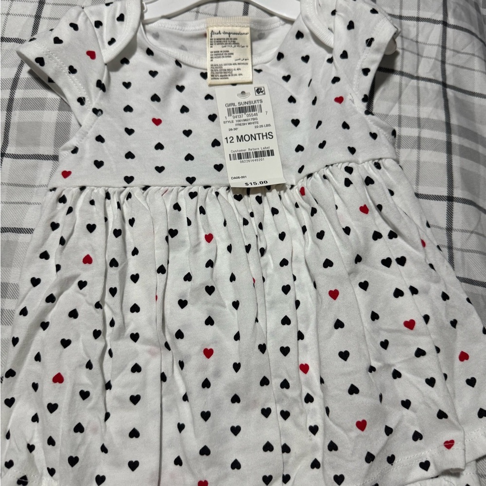 First Impressions White Dress with Black and Red Hearts